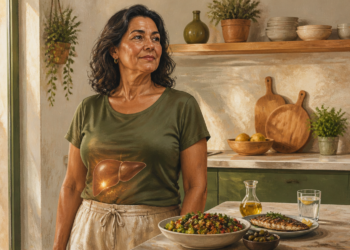 Mujer adulta en una cocina junto a una mesa con ensalada, pescado a la plancha, aceitunas, aceite de oliva, agua y una lata de refresco, con una ilustración del hígado sobre el abdomen.