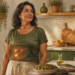 Mujer adulta en una cocina junto a una mesa con ensalada, pescado a la plancha, aceitunas, aceite de oliva, agua y una lata de refresco, con una ilustración del hígado sobre el abdomen.