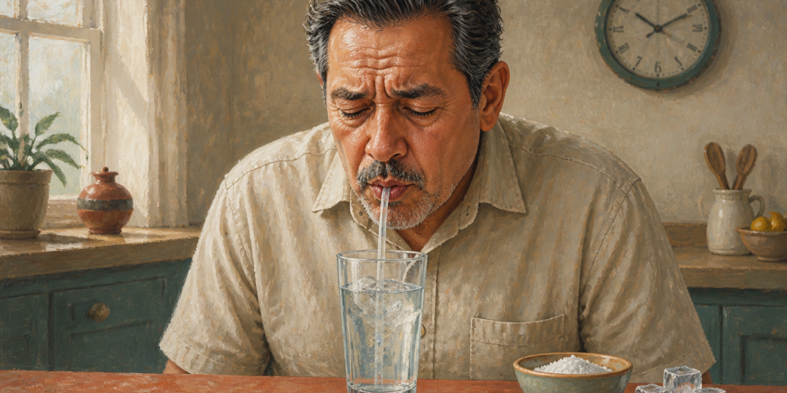 Hombre adulto bebiendo agua con una pajita desde un vaso con hielo, junto a un cuenco con sal y un reloj de pared, en una escena relacionada con remedios caseros para detener el hipo.