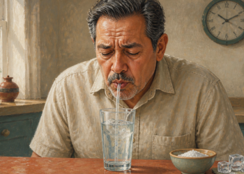 Hombre adulto bebiendo agua con una pajita desde un vaso con hielo, junto a un cuenco con sal y un reloj de pared, en una escena relacionada con remedios caseros para detener el hipo.
