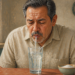 Hombre adulto bebiendo agua con una pajita desde un vaso con hielo, junto a un cuenco con sal y un reloj de pared, en una escena relacionada con remedios caseros para detener el hipo.
