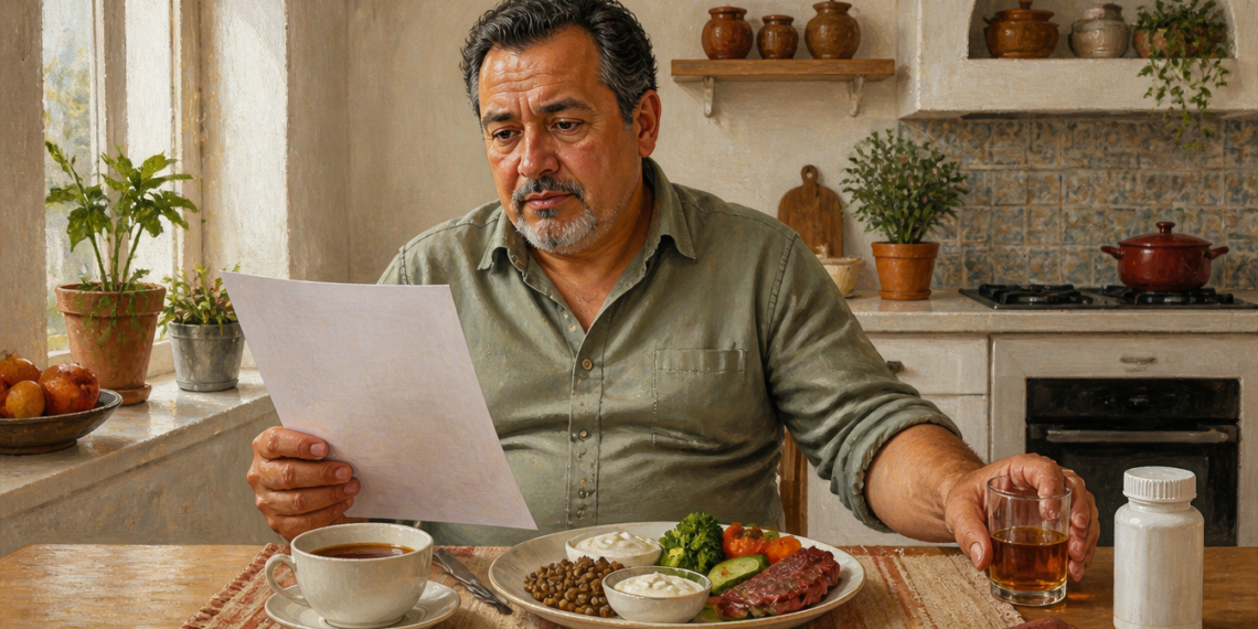 Hombre maduro revisa una hoja mientras observa una comida con carne, lentejas, verduras, café, una bebida y un frasco blanco sobre la mesa.