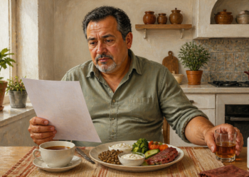 Hombre maduro revisa una hoja mientras observa una comida con carne, lentejas, verduras, café, una bebida y un frasco blanco sobre la mesa.