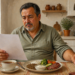 Hombre maduro revisa una hoja mientras observa una comida con carne, lentejas, verduras, café, una bebida y un frasco blanco sobre la mesa.