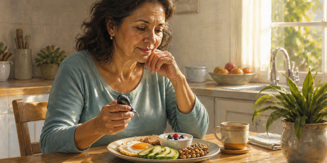 Una mujer madura en su cocina observa pensativa un plato de desayuno saludable mientras sostiene un dispositivo de medición de glucosa en la mano. El plato contiene un huevo frito, rodajas de aguacate, frutos secos y un cuenco con yogur y arándanos.