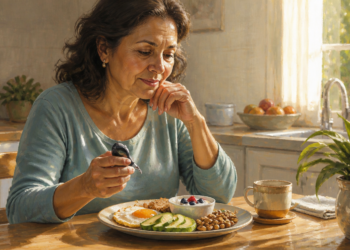 Una mujer madura en su cocina observa pensativa un plato de desayuno saludable mientras sostiene un dispositivo de medición de glucosa en la mano. El plato contiene un huevo frito, rodajas de aguacate, frutos secos y un cuenco con yogur y arándanos.