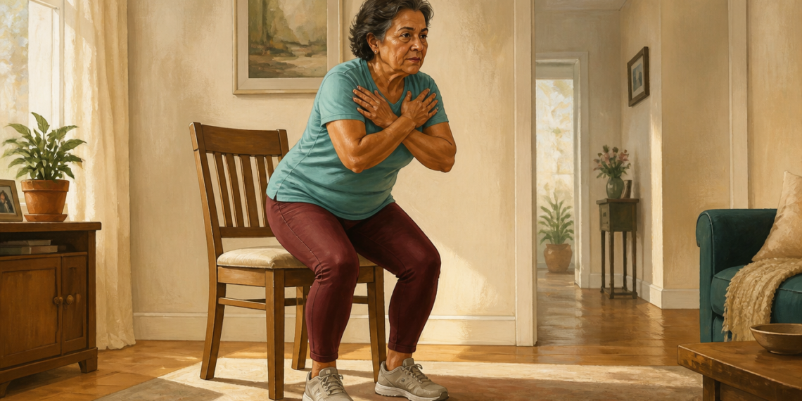 Mujer madura realizando un ejercicio de sentarse y levantarse de una silla en su sala de estar, una prueba sencilla para evaluar la fuerza muscular y detectar signos tempranos de sarcopenia.
