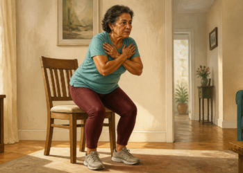 Mujer madura realizando un ejercicio de sentarse y levantarse de una silla en su sala de estar, una prueba sencilla para evaluar la fuerza muscular y detectar signos tempranos de sarcopenia.