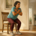Mujer madura realizando un ejercicio de sentarse y levantarse de una silla en su sala de estar, una prueba sencilla para evaluar la fuerza muscular y detectar signos tempranos de sarcopenia.