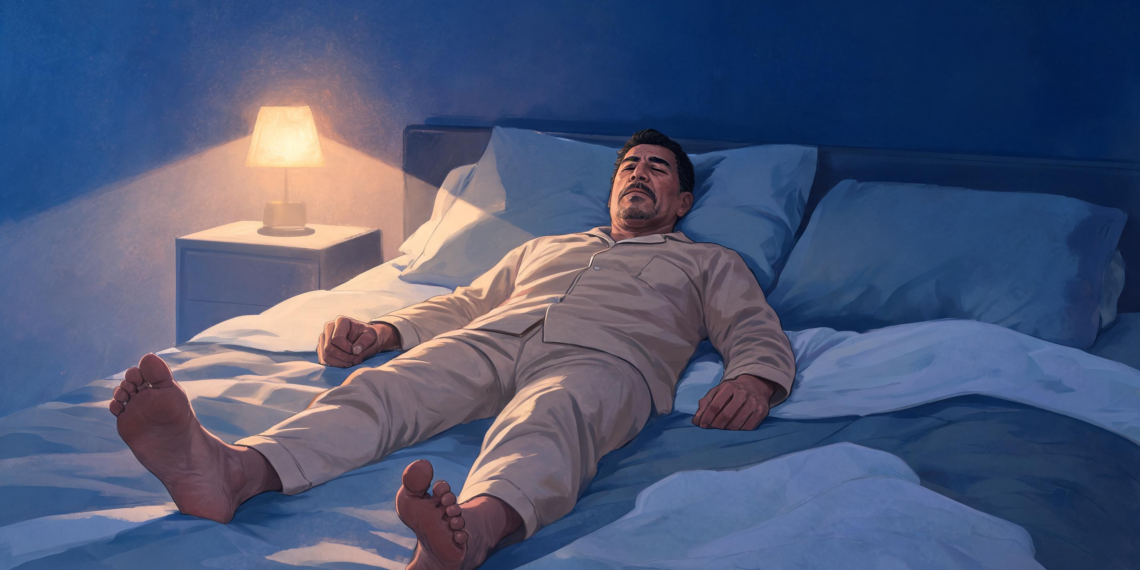 Un hombre adulto en pijama acostado boca arriba en una cama dentro de un dormitorio con iluminación nocturna y una lámpara encendida en la mesita de noche.