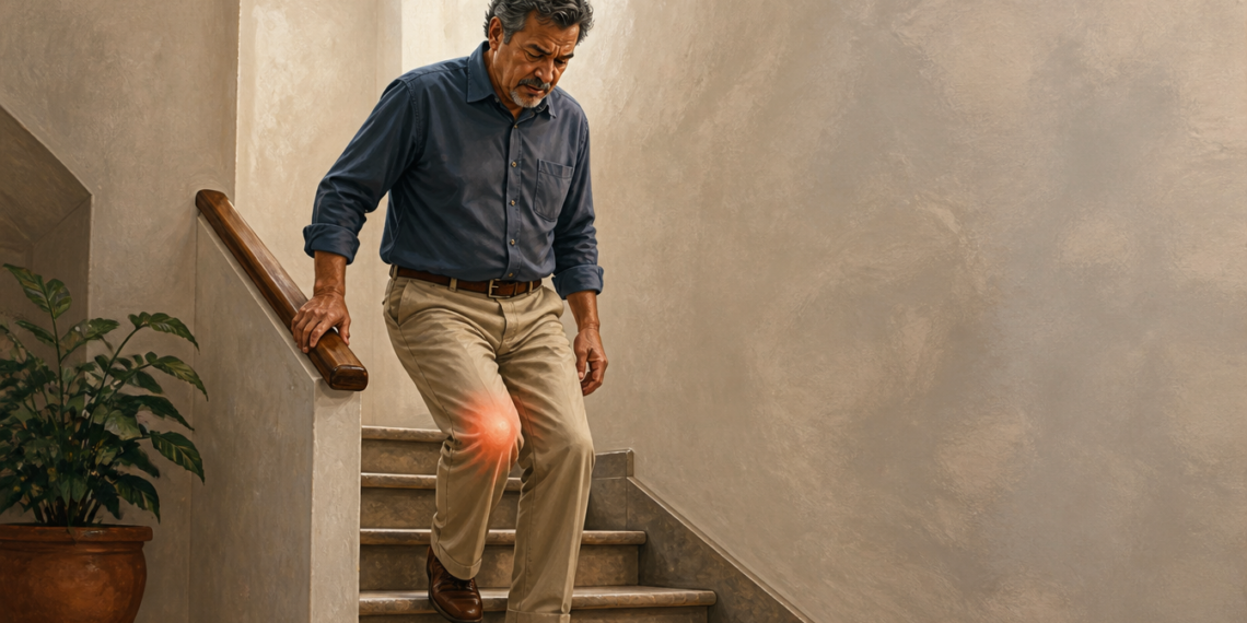 Hombre maduro descendiendo las escaleras con dificultad, apoyándose en la barandilla y sujetándose la rodilla, la cual muestra un efecto de resplandor rojo que indica dolor localizado.