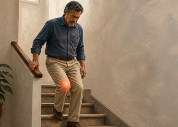 Hombre maduro descendiendo las escaleras con dificultad, apoyándose en la barandilla y sujetándose la rodilla, la cual muestra un efecto de resplandor rojo que indica dolor localizado.