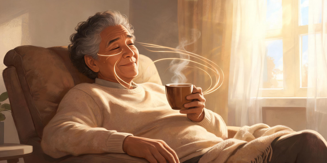 Un hombre mayor sonriente con un suéter beige sentado en un sillón marrón mientras sostiene una taza de café humeante en una sala iluminada por el sol.