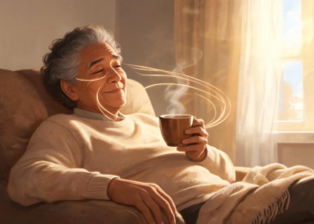 Un hombre mayor sonriente con un suéter beige sentado en un sillón marrón mientras sostiene una taza de café humeante en una sala iluminada por el sol.