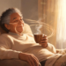 Un hombre mayor sonriente con un suéter beige sentado en un sillón marrón mientras sostiene una taza de café humeante en una sala iluminada por el sol.