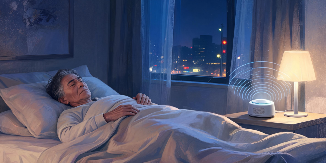 Una persona mayor durmiendo plácidamente en su cama junto a un dispositivo de sonido en la mesita de noche que emite ondas de luz azules.