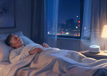 Una persona mayor durmiendo plácidamente en su cama junto a un dispositivo de sonido en la mesita de noche que emite ondas de luz azules.