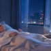 Una persona mayor durmiendo plácidamente en su cama junto a un dispositivo de sonido en la mesita de noche que emite ondas de luz azules.