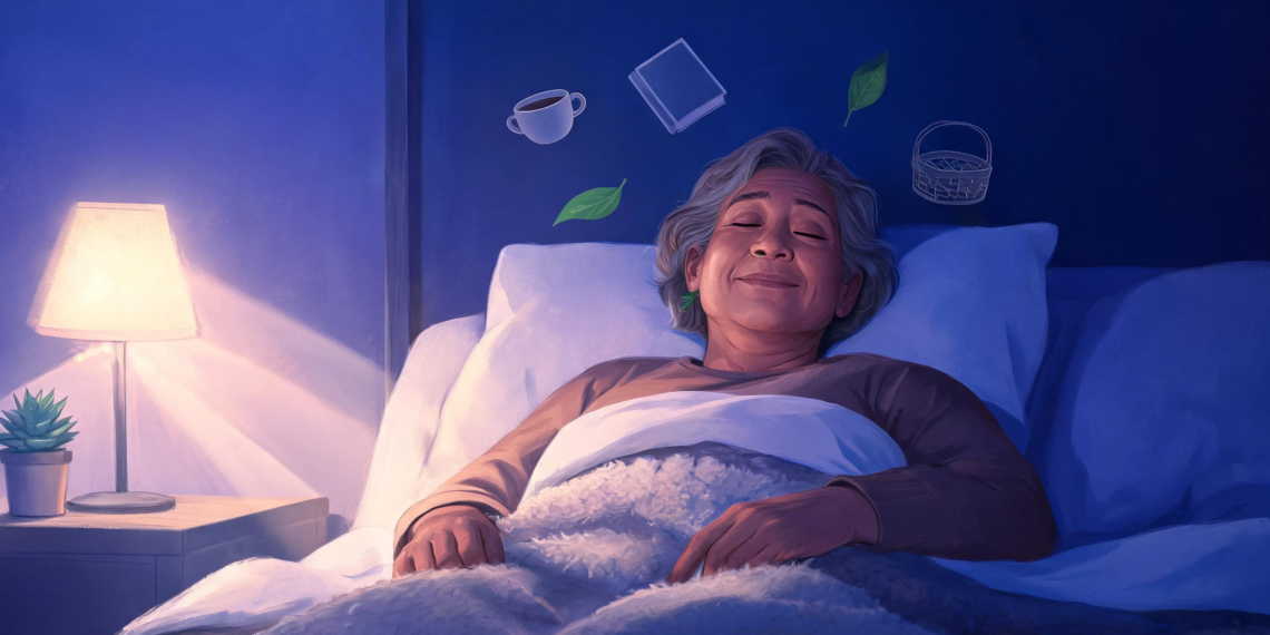 Una mujer mayor durmiendo plácidamente con una sonrisa en la cama bajo pequeños iconos flotantes de una taza, un libro, hojas y una cesta.