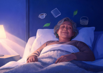 Una mujer mayor durmiendo plácidamente con una sonrisa en la cama bajo pequeños iconos flotantes de una taza, un libro, hojas y una cesta.