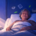 Una mujer mayor durmiendo plácidamente con una sonrisa en la cama bajo pequeños iconos flotantes de una taza, un libro, hojas y una cesta.