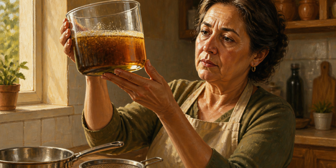 Mujer madura en una cocina, sosteniendo un recipiente de vidrio con aceite de freír usado para verificar su color y estado antes de decidir si puede reutilizarlo.