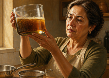 Mujer madura en una cocina, sosteniendo un recipiente de vidrio con aceite de freír usado para verificar su color y estado antes de decidir si puede reutilizarlo.