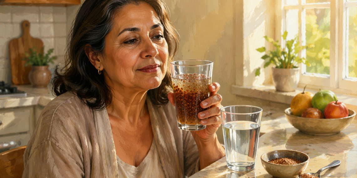 Mujer adulta sosteniendo un vaso con agua de linaza mientras está sentada en una cocina, con un vaso de agua y un cuenco con semillas de linaza sobre la encimera.