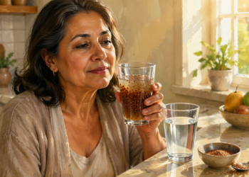 Mujer adulta sosteniendo un vaso con agua de linaza mientras está sentada en una cocina, con un vaso de agua y un cuenco con semillas de linaza sobre la encimera.