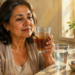 Mujer adulta sosteniendo un vaso con agua de linaza mientras está sentada en una cocina, con un vaso de agua y un cuenco con semillas de linaza sobre la encimera.
