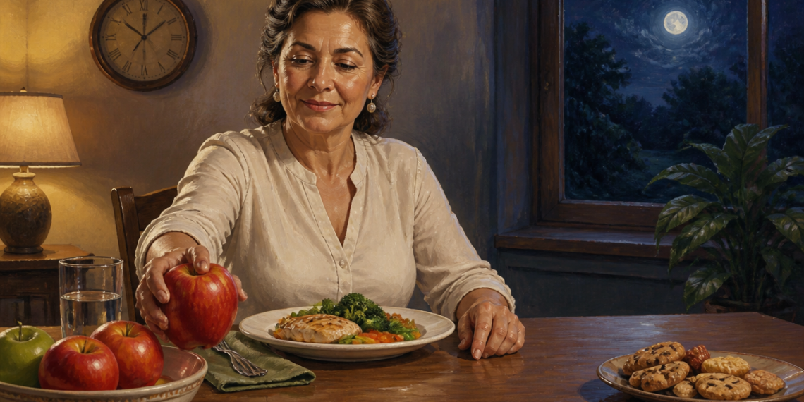 Mujer adulta sentada frente a la cena mientras toma una manzana de un frutero, con un plato de comida saludable y unas galletas al otro lado de la mesa, en una escena relacionada con comer fruta por la noche.