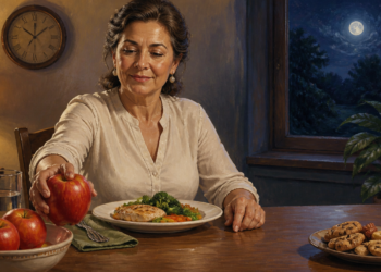 Mujer adulta sentada frente a la cena mientras toma una manzana de un frutero, con un plato de comida saludable y unas galletas al otro lado de la mesa, en una escena relacionada con comer fruta por la noche.