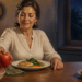 Mujer adulta sentada frente a la cena mientras toma una manzana de un frutero, con un plato de comida saludable y unas galletas al otro lado de la mesa, en una escena relacionada con comer fruta por la noche.