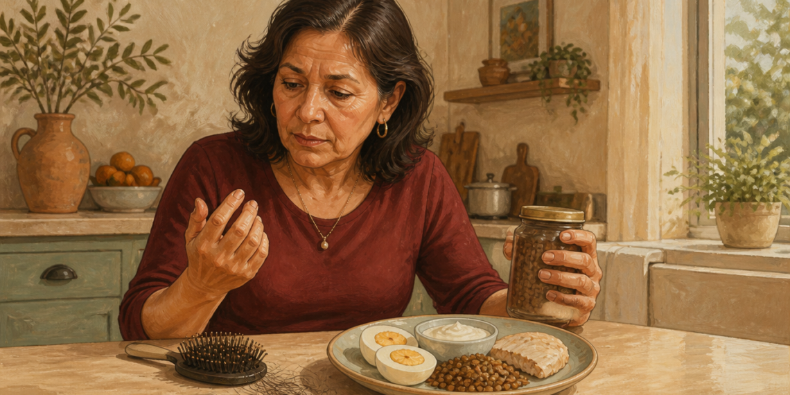 Mujer madura observa sus uñas mientras sostiene un frasco de legumbres, con un cepillo con cabellos sueltos y un plato de huevos, lentejas, yogur y pescado sobre la mesa.