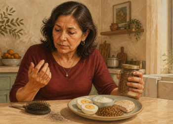 Mujer madura observa sus uñas mientras sostiene un frasco de legumbres, con un cepillo con cabellos sueltos y un plato de huevos, lentejas, yogur y pescado sobre la mesa.