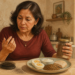 Mujer madura observa sus uñas mientras sostiene un frasco de legumbres, con un cepillo con cabellos sueltos y un plato de huevos, lentejas, yogur y pescado sobre la mesa.