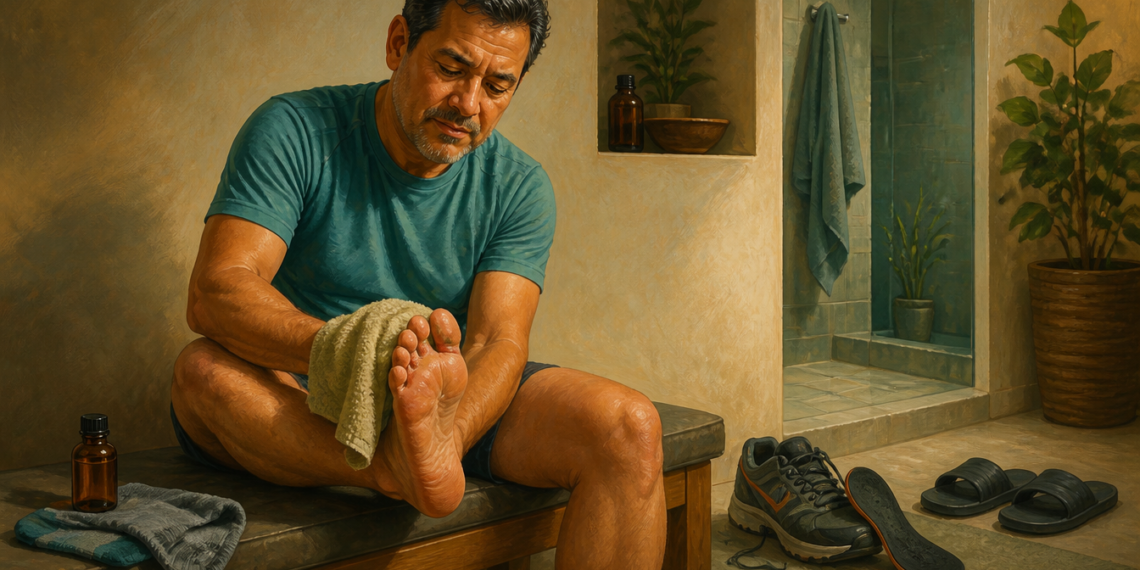 Hombre adulto sentado en un banco secándose el pie con una toalla, junto a un frasco, unas zapatillas, plantillas y sandalias en un baño.