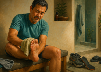 Hombre adulto sentado en un banco secándose el pie con una toalla, junto a un frasco, unas zapatillas, plantillas y sandalias en un baño.