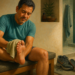 Hombre adulto sentado en un banco secándose el pie con una toalla, junto a un frasco, unas zapatillas, plantillas y sandalias en un baño.