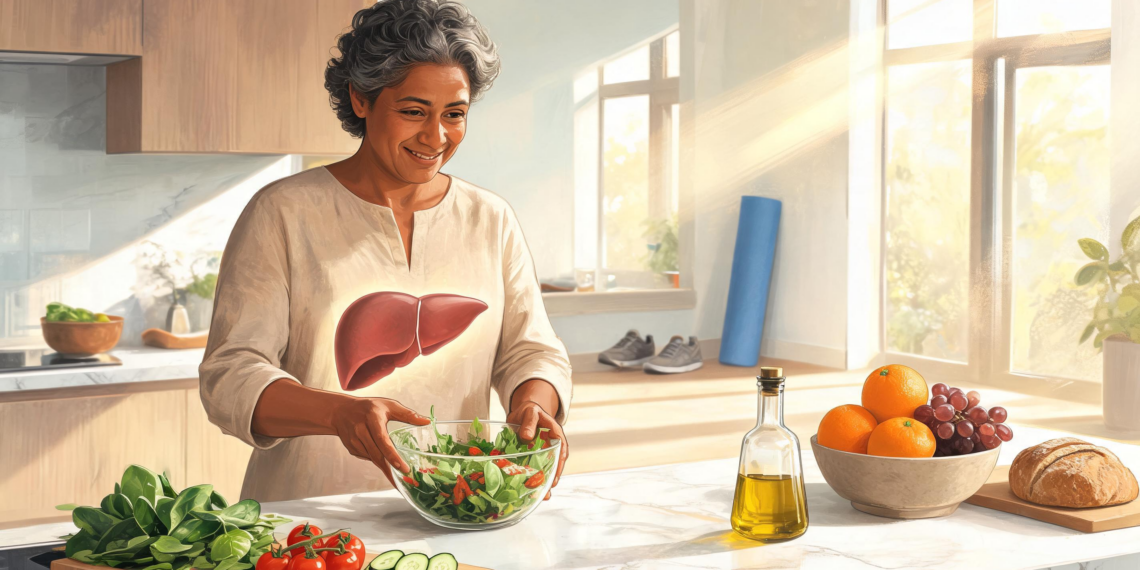 Una mujer mayor sonriente en una cocina luminosa preparando una ensalada, con una ilustración gráfica brillante de un hígado superpuesta sobre su torso.