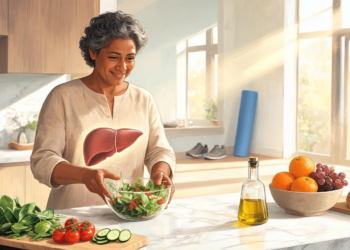 Una mujer mayor sonriente en una cocina luminosa preparando una ensalada, con una ilustración gráfica brillante de un hígado superpuesta sobre su torso.