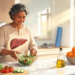 Una mujer mayor sonriente en una cocina luminosa preparando una ensalada, con una ilustración gráfica brillante de un hígado superpuesta sobre su torso.