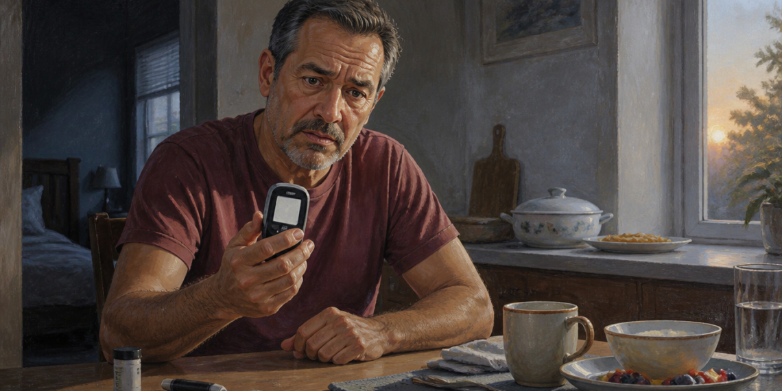 Hombre adulto observa con preocupación un glucómetro durante el desayuno, junto a una tira reactiva, un dispositivo de punción y alimentos ligeros.