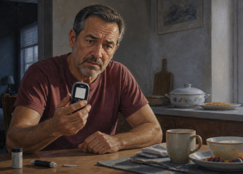 Hombre adulto observa con preocupación un glucómetro durante el desayuno, junto a una tira reactiva, un dispositivo de punción y alimentos ligeros.