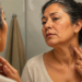 Una mujer madura observa con preocupación su reflejo en el espejo de un baño mientras toca con los dedos de su mano una mancha oscura y de textura rugosa en la piel de su cuello.