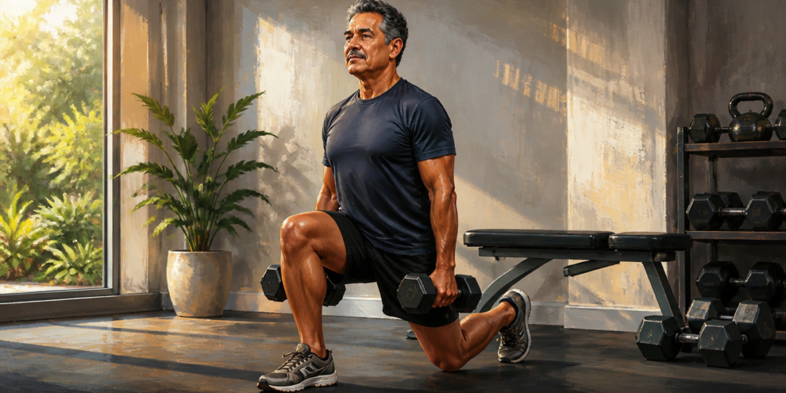 Un hombre maduro realiza un ejercicio de zancada en un gimnasio sosteniendo una mancuerna en cada mano. A su lado se observa un banco de ejercicio y un estante con pesas bajo una luz natural que entra por un ventanal.