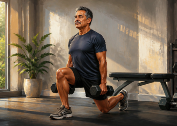Un hombre maduro realiza un ejercicio de zancada en un gimnasio sosteniendo una mancuerna en cada mano. A su lado se observa un banco de ejercicio y un estante con pesas bajo una luz natural que entra por un ventanal.