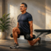 Un hombre maduro realiza un ejercicio de zancada en un gimnasio sosteniendo una mancuerna en cada mano. A su lado se observa un banco de ejercicio y un estante con pesas bajo una luz natural que entra por un ventanal.