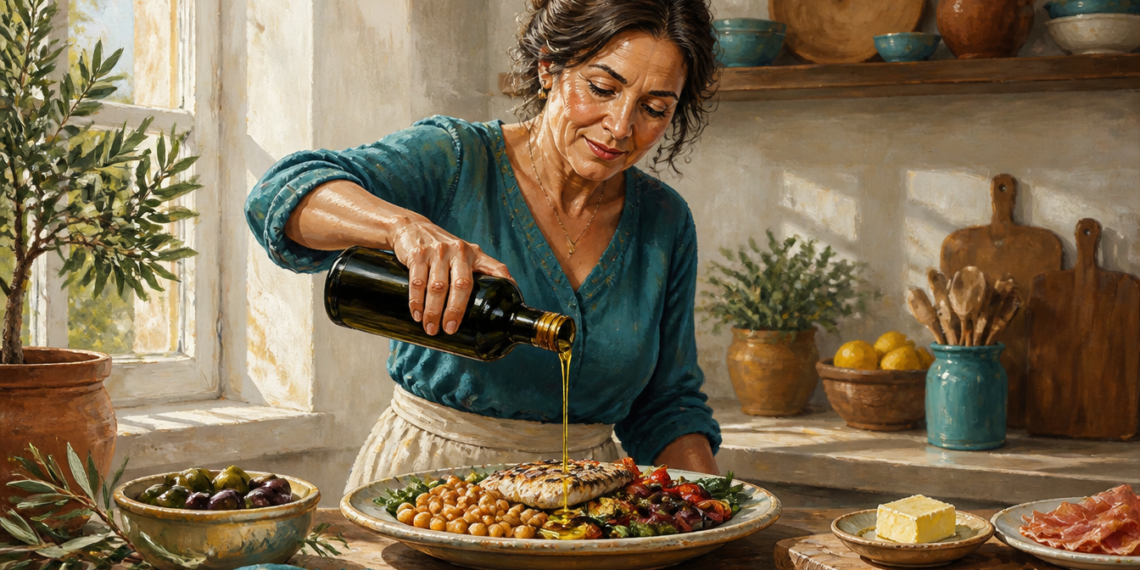 Mujer adulta vierte aceite de oliva desde una botella sobre un plato con pescado, garbanzos y verduras en una cocina luminosa.