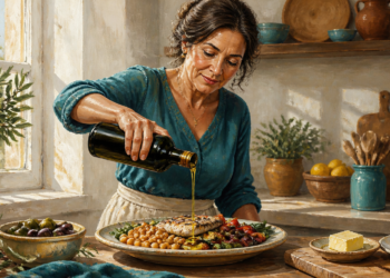Mujer adulta vierte aceite de oliva desde una botella sobre un plato con pescado, garbanzos y verduras en una cocina luminosa.